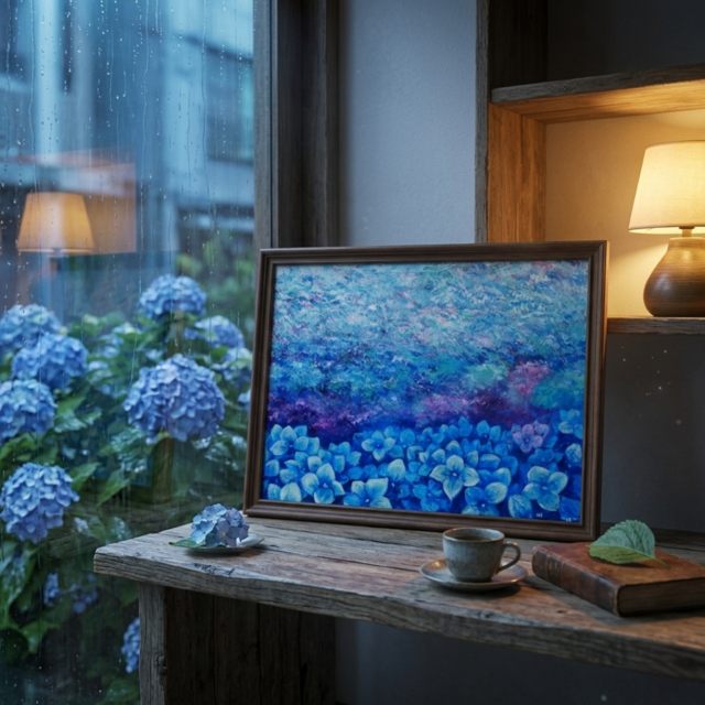 雨上がりの奇跡 〜光満ちる紫陽花畑〜 【油絵 原画 F4号】 アジサイ