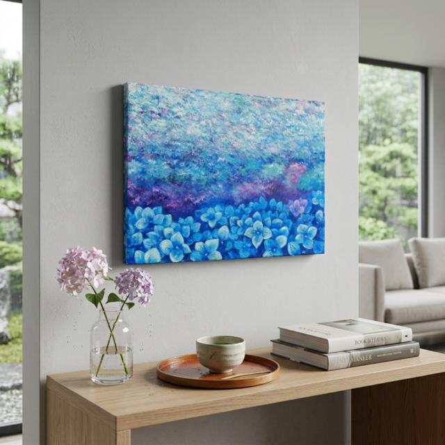 油絵　原画　一点物　花　紫陽花　ブルー　アート　インテリア　プレゼント　SM 雨上がりの奇跡 〜光満ちる紫陽花畑〜 【油絵 原画 F4号】 アジサイ