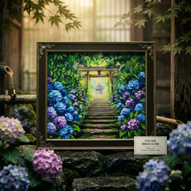 油絵「光へ続く、雨上がりの径」紫陽花と鳥居の風景画 / アジサイ絵画