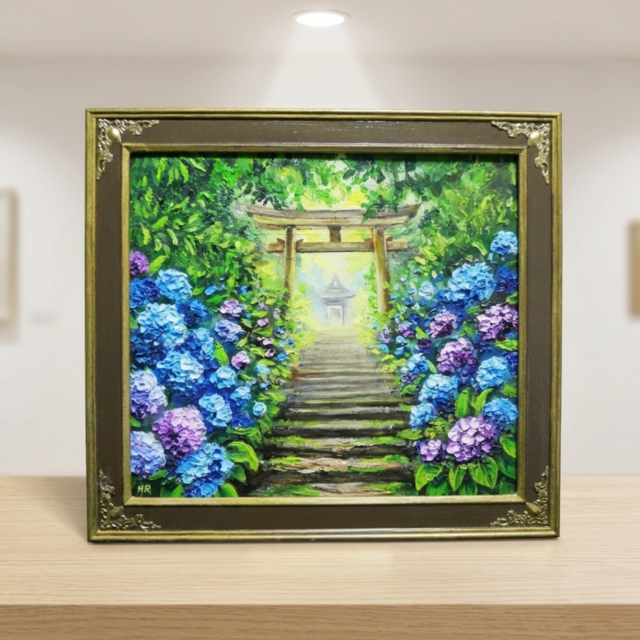 紫陽花　油絵 油絵「光へ続く、雨上がりの径」紫陽花と鳥居の風景画 / アジサイ絵画