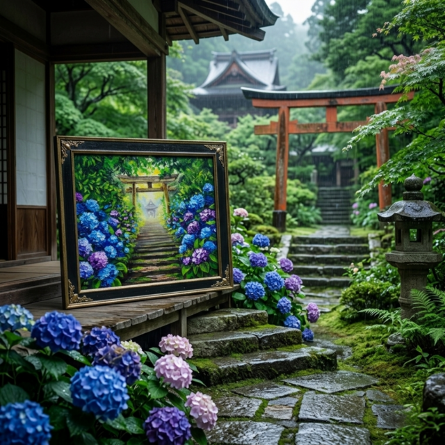 油絵「光へ続く、雨上がりの径」紫陽花と鳥居の風景画 / アジサイ絵画