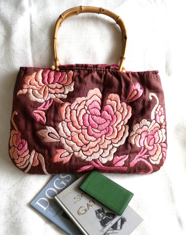 Jamin Puech】ヴィンテージバッグ ボタンの花の刺繍飾りバンブー