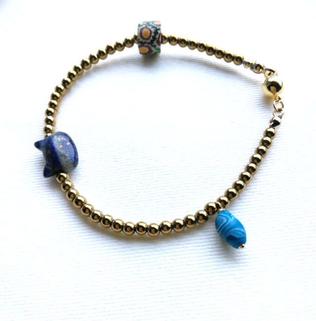 3種のbeads＊ブレスレット」＊ラピス猫＊トンボ玉＊オリジナルbeads
