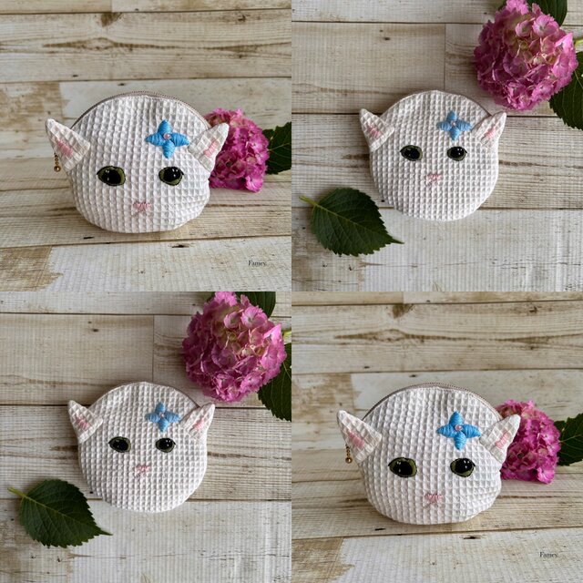 大人かわいい手刺繍紫陽花と白猫ちゃんの小さめポーチ ワッフル生地