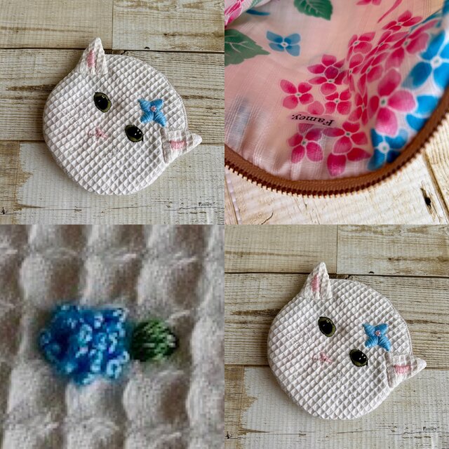大人かわいい手刺繍紫陽花と白猫ちゃんの小さめポーチ ワッフル生地