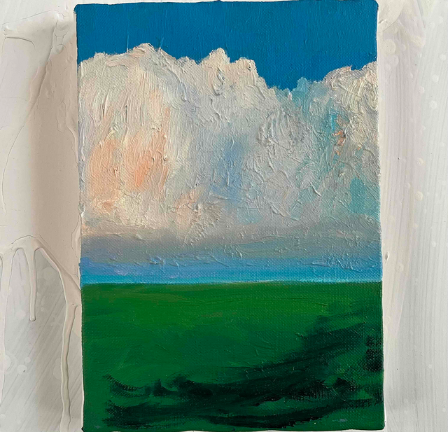 原画 油彩「田園と空」絵画・サムホールサイズ （16×23㎝）アート