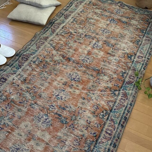 97×206 テラコッタ×ブルー 擦れボタニカル トルコヴィンテージラグ