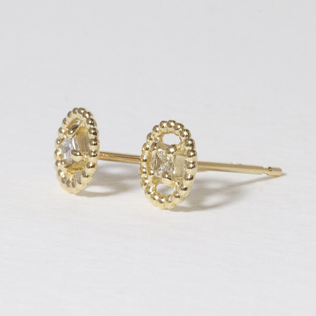 K18 0.08ct スクエアダイヤモンドピアス ミル玉 18金 華やか イエロー