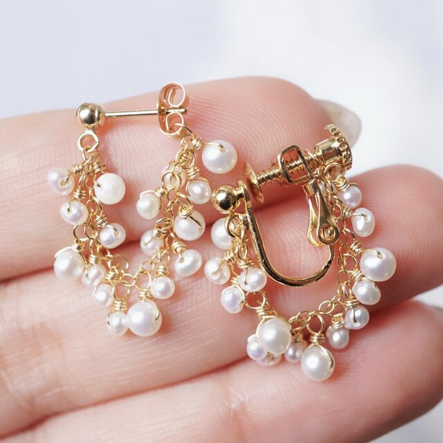 2way フォッシルコーラル＆淡水パール　 ピアス／イヤリング 2wayピアス】「淡水パール」天然石 イヤリング 重ね付け 軽い 華奢