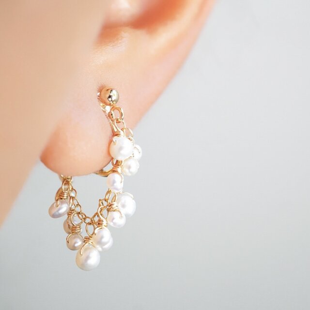2way フォッシルコーラル＆淡水パール　 ピアス／イヤリング 2wayピアス】「淡水パール」天然石 イヤリング 重ね付け 軽い 華奢