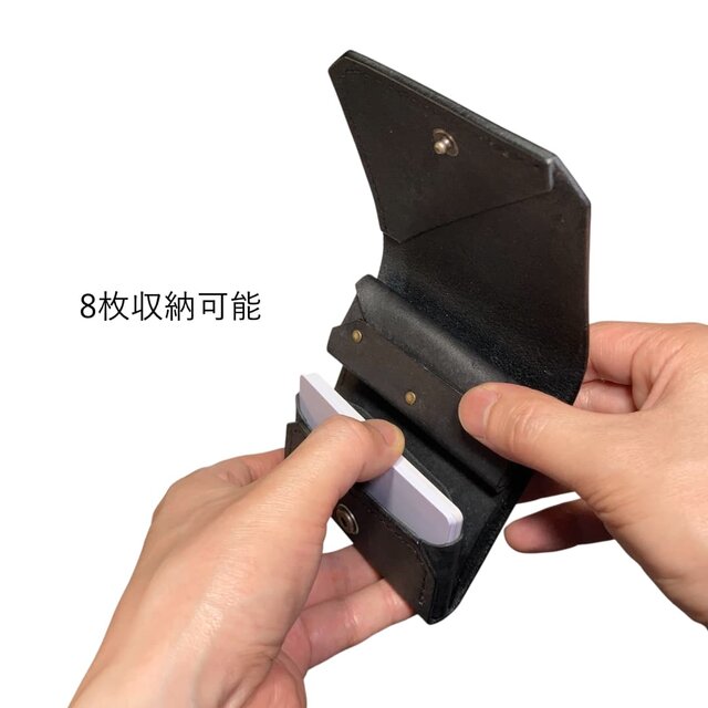 糸の色を選べる｜手縫い・お札を折らないヌメ革ミニ財布・黒｜カードや