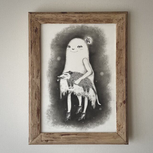 抽象動物顔 鉛筆・木炭画 チャコールドローイング 木炭画 『やさしいオバケちゃん。』 | iichi