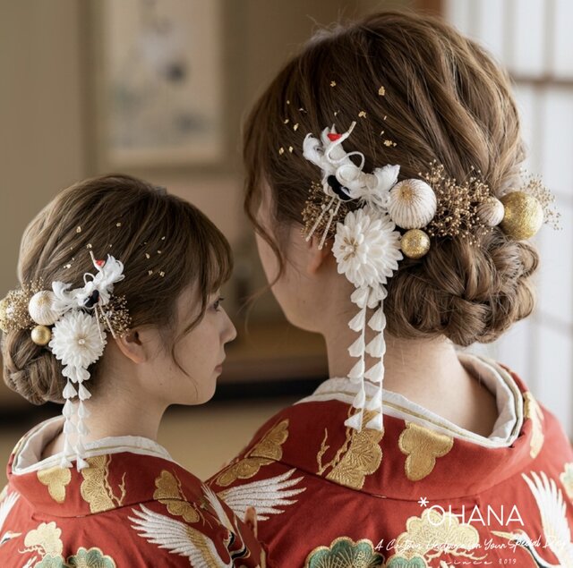 つまみ細工】輝く鶴と白花の髪飾りセット＊成人式 振袖 卒業式 袴 結婚