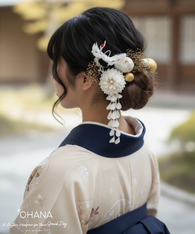 つまみ細工】輝く鶴と白花の髪飾りセット＊成人式 振袖 卒業式 袴 結婚