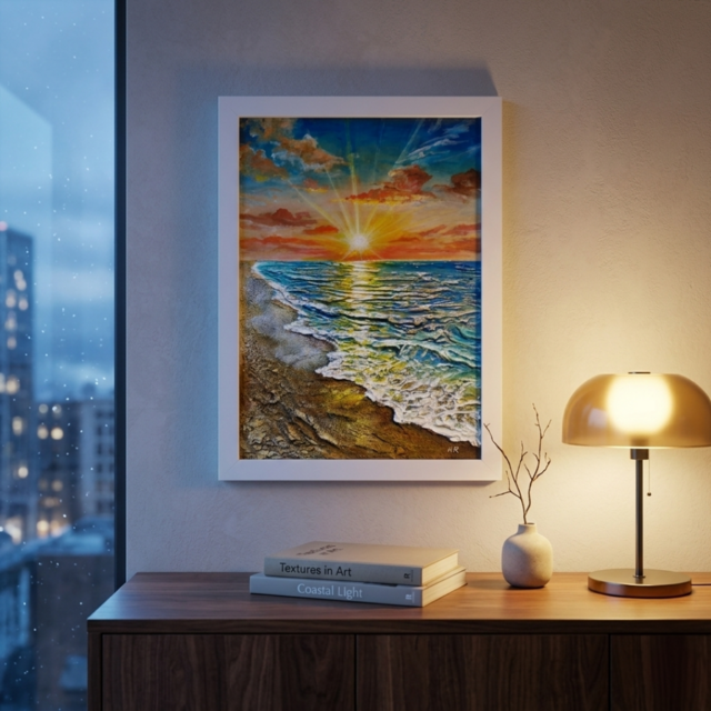 油絵 原画「黄金比の朝景」海と朝日の風景 額装アート 夏の模様替え