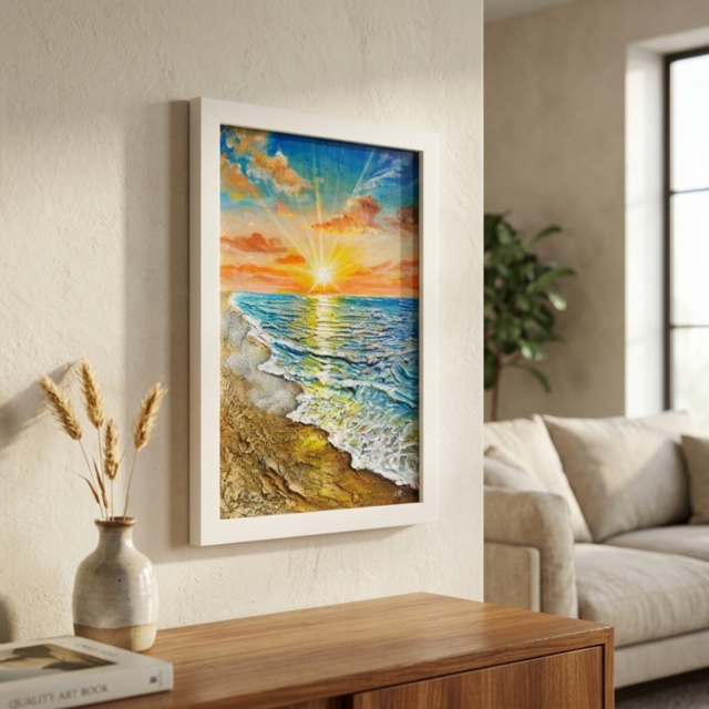 油絵 原画「黄金比の朝景」海と朝日の風景 額装アート 夏の模様替え