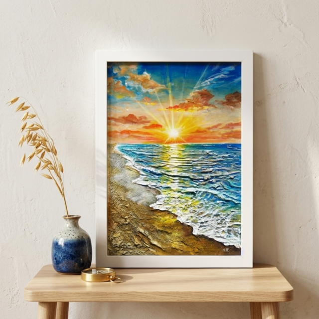 油絵 原画「黄金比の朝景」海と朝日の風景 額装アート 夏の模様替え