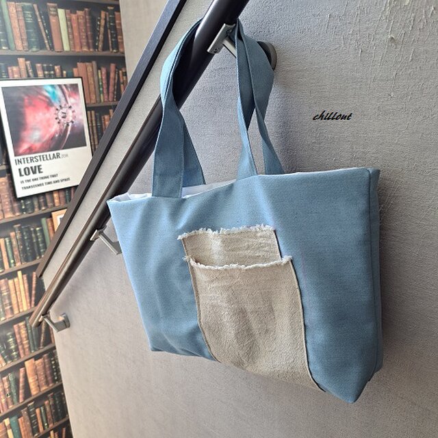 sale】【デニム】トートバッグ：スカイブルー：リネンWポケット【0847