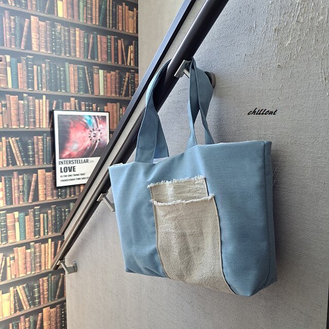 sale】【デニム】トートバッグ：スカイブルー：リネンWポケット【0847