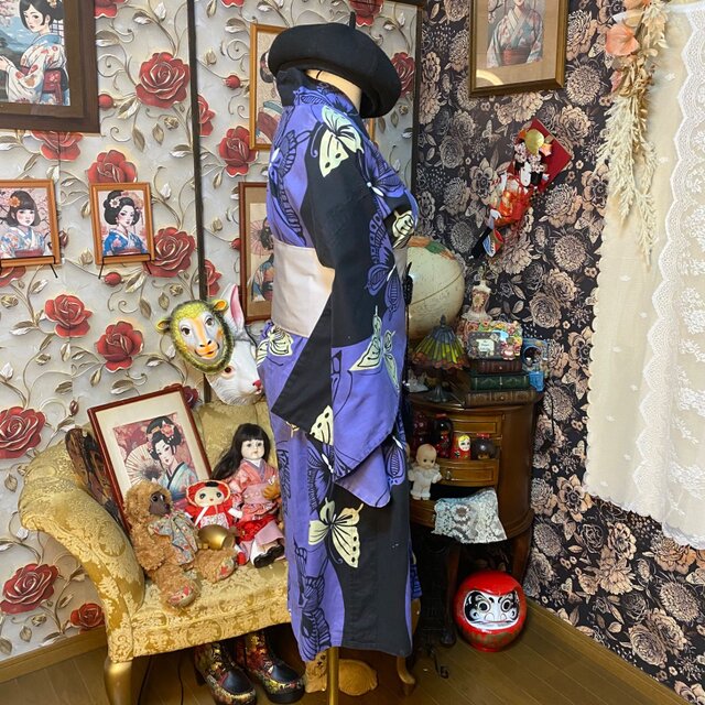 浴衣リメイク ミニミディ ワンピース ドレス 帯 和洋折衷 紫から黒へと