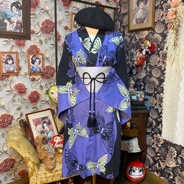 浴衣リメイク ミニミディ ワンピース ドレス 帯 和洋折衷 紫から黒へと