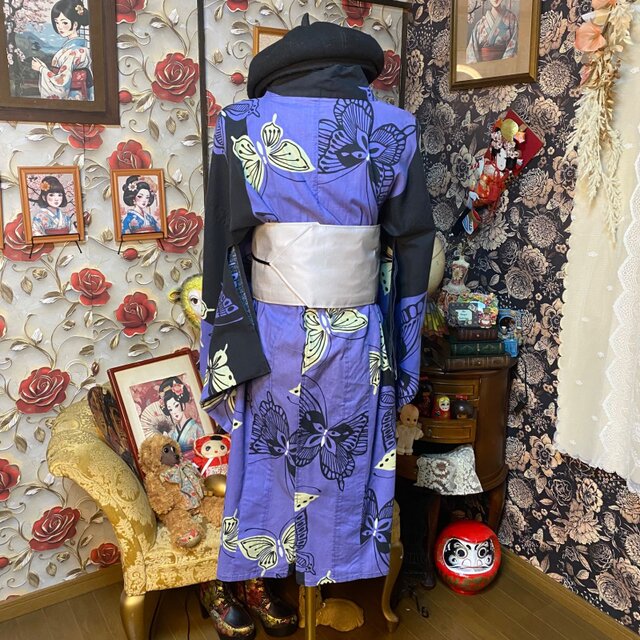 浴衣リメイク ミニミディ ワンピース ドレス 帯 和洋折衷 紫から黒へと