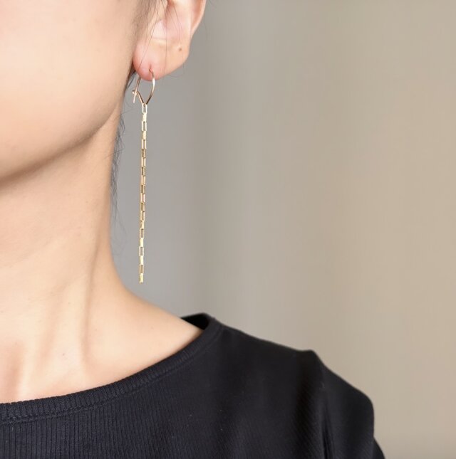 14kgf hoop box chain アシンメトリー ピアス チェーン フープ | iichi