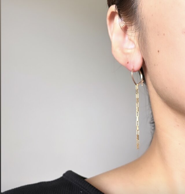 14kgf hoop box chain アシンメトリー ピアス チェーン フープ | iichi