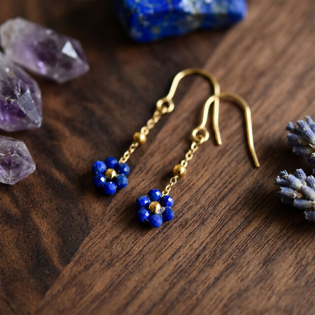 選べる天然石のフラワーピアス ラピスラズリ ピンクトパーズ アクア