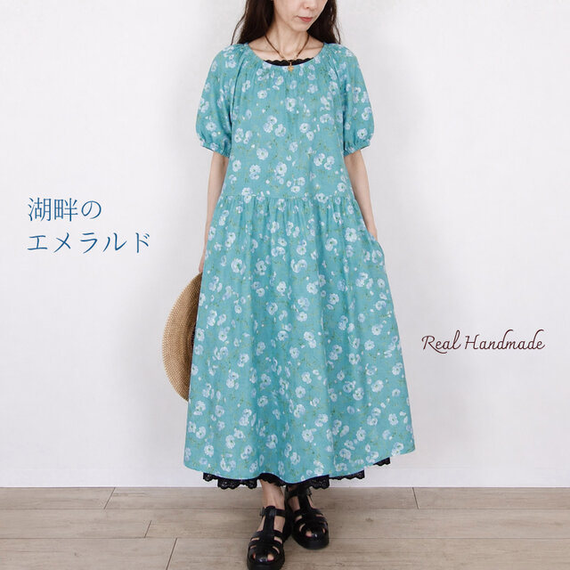 バボラ ワンピース 美品タグ付き 予約販売] リネン・ネモフィラボタニカルのピンタックパフワンピース