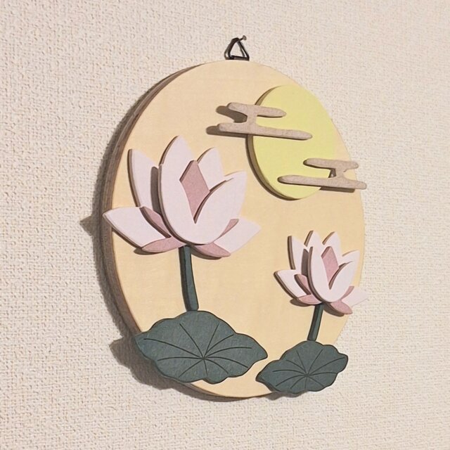 受注制作】月夜に咲く蓮の花の木製壁飾り｜和モダン壁掛け｜夏飾り