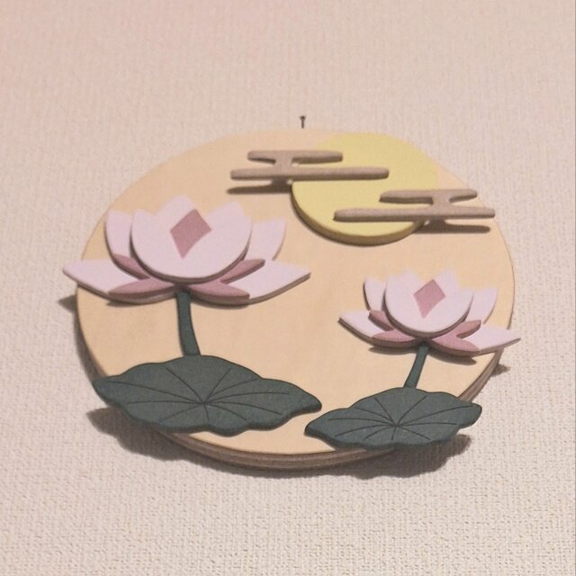 受注制作】月夜に咲く蓮の花の木製壁飾り｜和モダン壁掛け｜夏飾り