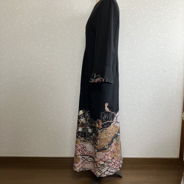 No.182ロングワンピースL〜LL13号留袖ドレス着物リメイク袖口フリル