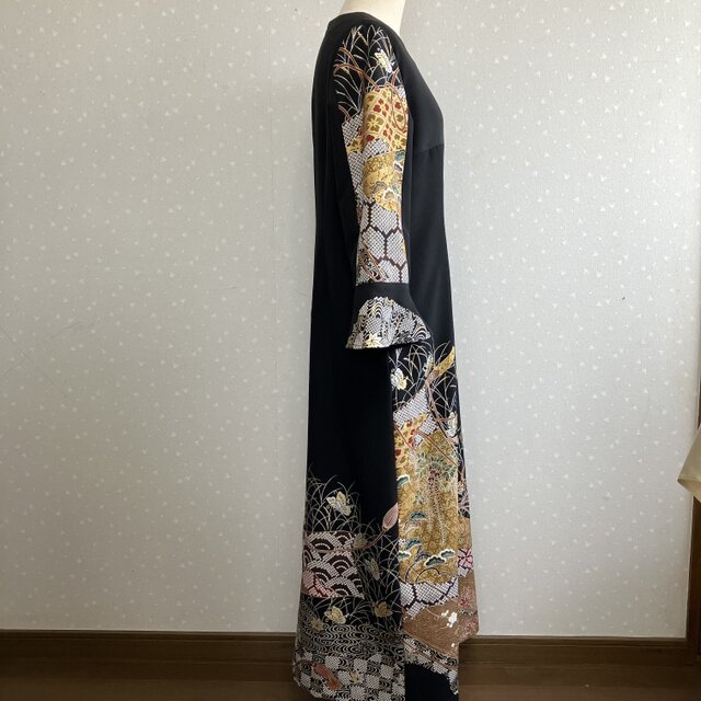 No.182ロングワンピースL〜LL13号留袖ドレス着物リメイク袖口フリル