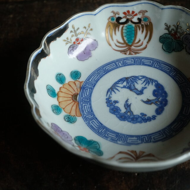 桐の花と鳳凰◇瀬戸焼 松竹梅文色絵印判金彩膾皿 骨董・antiques 古