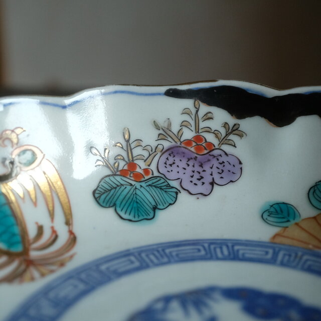 桐の花と鳳凰◇瀬戸焼 松竹梅文色絵印判金彩膾皿 骨董・antiques 古
