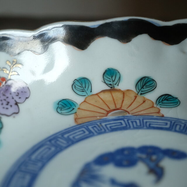 桐の花と鳳凰◇瀬戸焼 松竹梅文色絵印判金彩膾皿 骨董・antiques 古