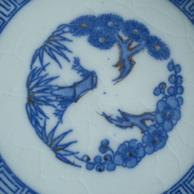桐の花と鳳凰◇瀬戸焼 松竹梅文色絵印判金彩膾皿 骨董・antiques 古