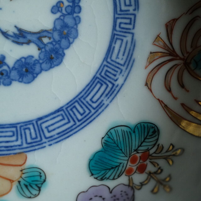 桐の花と鳳凰◇瀬戸焼 松竹梅文色絵印判金彩膾皿 骨董・antiques 古