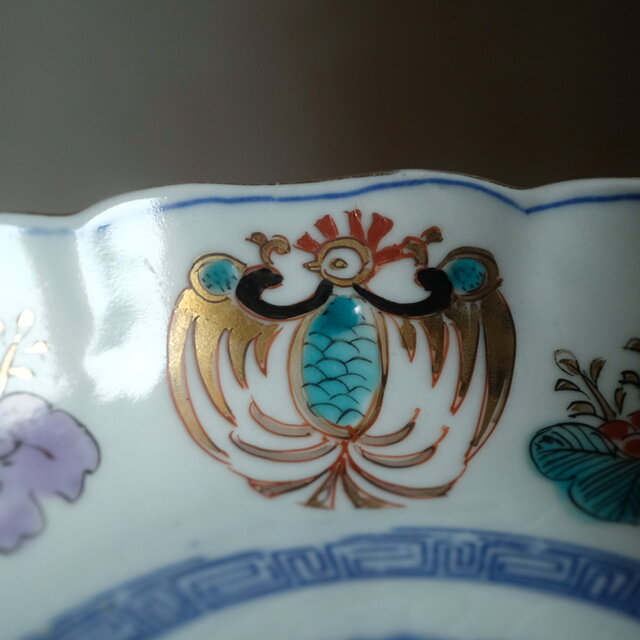桐の花と鳳凰◇瀬戸焼 松竹梅文色絵印判金彩膾皿 骨董・antiques 古