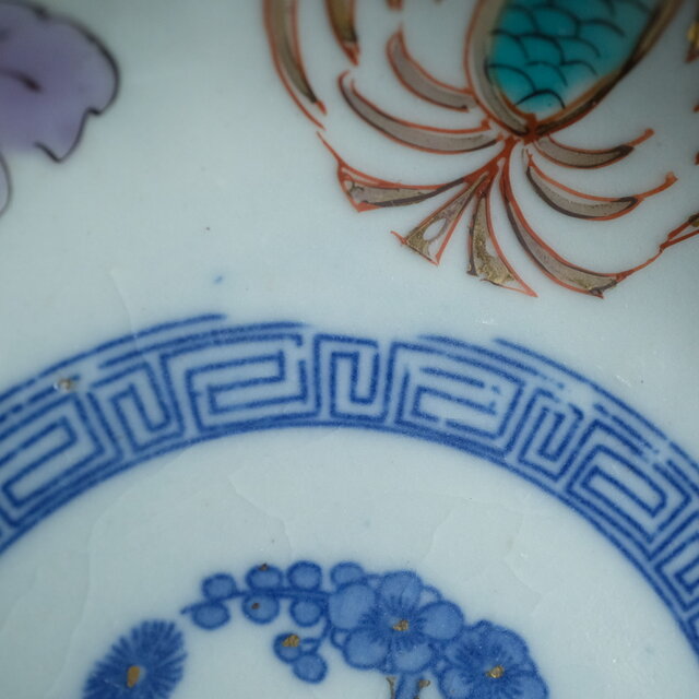 桐の花と鳳凰◇瀬戸焼 松竹梅文色絵印判金彩膾皿 骨董・antiques 古