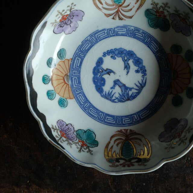 桐の花と鳳凰◇瀬戸焼 松竹梅文色絵印判金彩膾皿 骨董・antiques 古