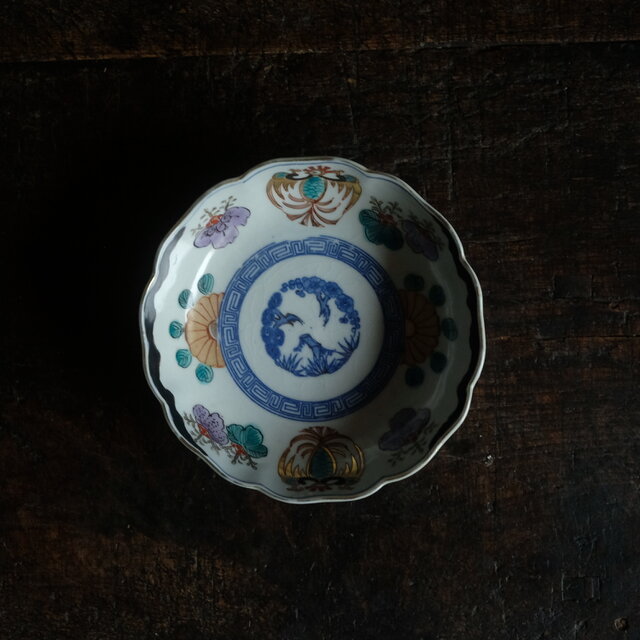 桐の花と鳳凰◇瀬戸焼 松竹梅文色絵印判金彩膾皿 骨董・antiques 古