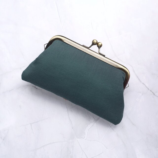 ビーズ刺繍のがま口 No.10｜青緑｜ガーゼ素材｜マチなしポーチ｜カード