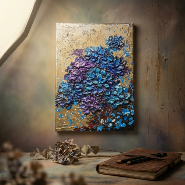 原画】黄金に咲く雨の記憶（あじさい）｜油彩画 立体アート 梅雨の