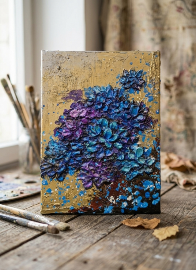 原画】黄金に咲く雨の記憶（あじさい）｜油彩画 立体アート 梅雨の