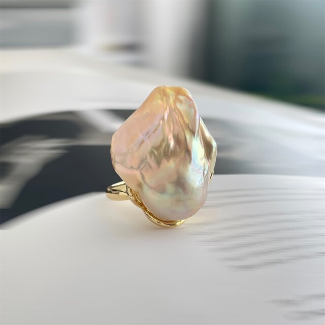 超大粒 オイスターバロックパール 虹色ペールゴールド リング 指輪 