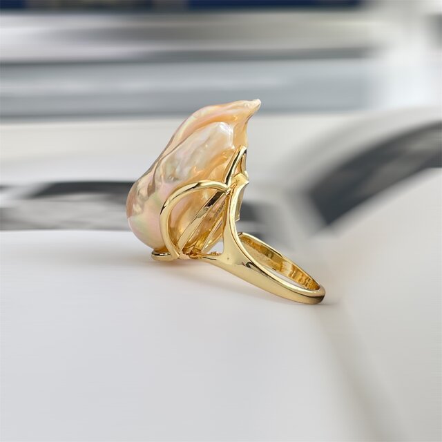 超大粒 オイスターバロックパール 虹色ペールゴールド リング 指輪 