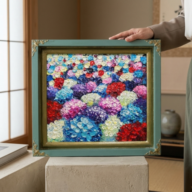 油彩画原画【梅雨を彩る宝石箱】アジサイの絵 油絵 インテリアアート