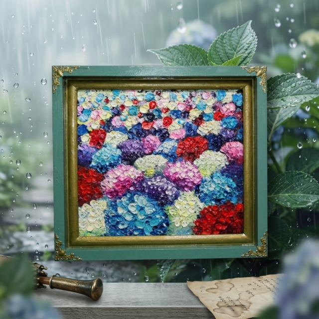 油絵【梅雨を彩る宝石箱】紫陽花 原画 絵画 あじさい アート 額縁付 壁掛け 油彩画原画【梅雨を彩る宝石箱】アジサイの絵 油絵 インテリアアート
